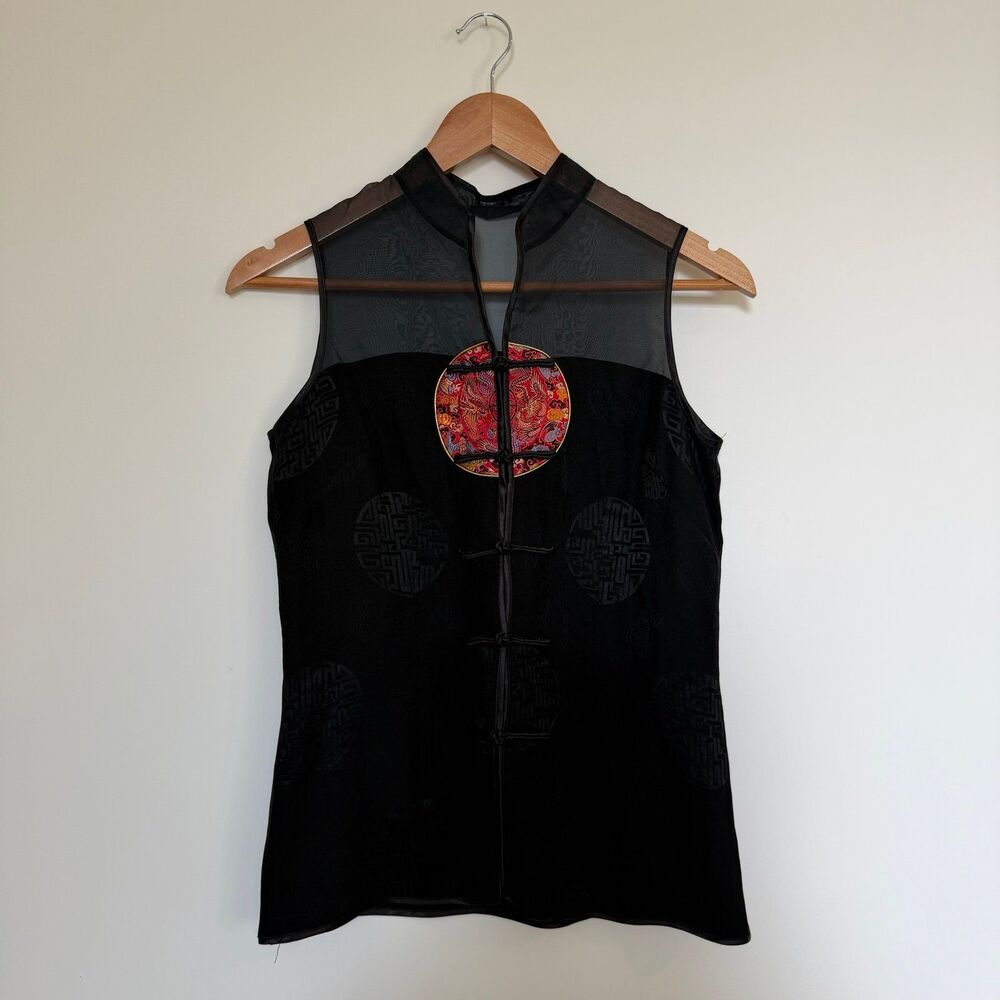 Vintage Gu Jin Black 100% Silk Cheongsam Blouse Frog Closures Womens S